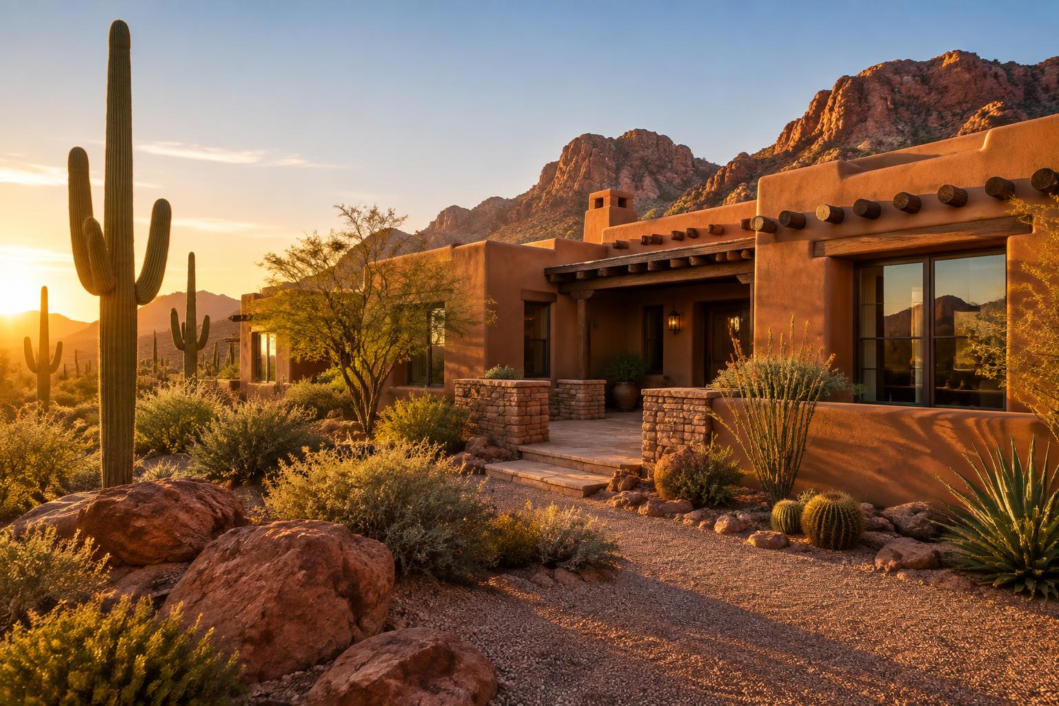 A Southwestern adobe home among saguaro cacti and red rock at golden hour