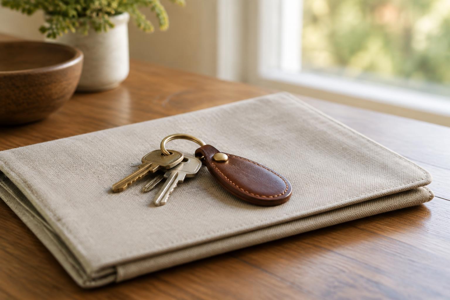 A set of house keys on a leather ring resting on a linen folder on a wooden table