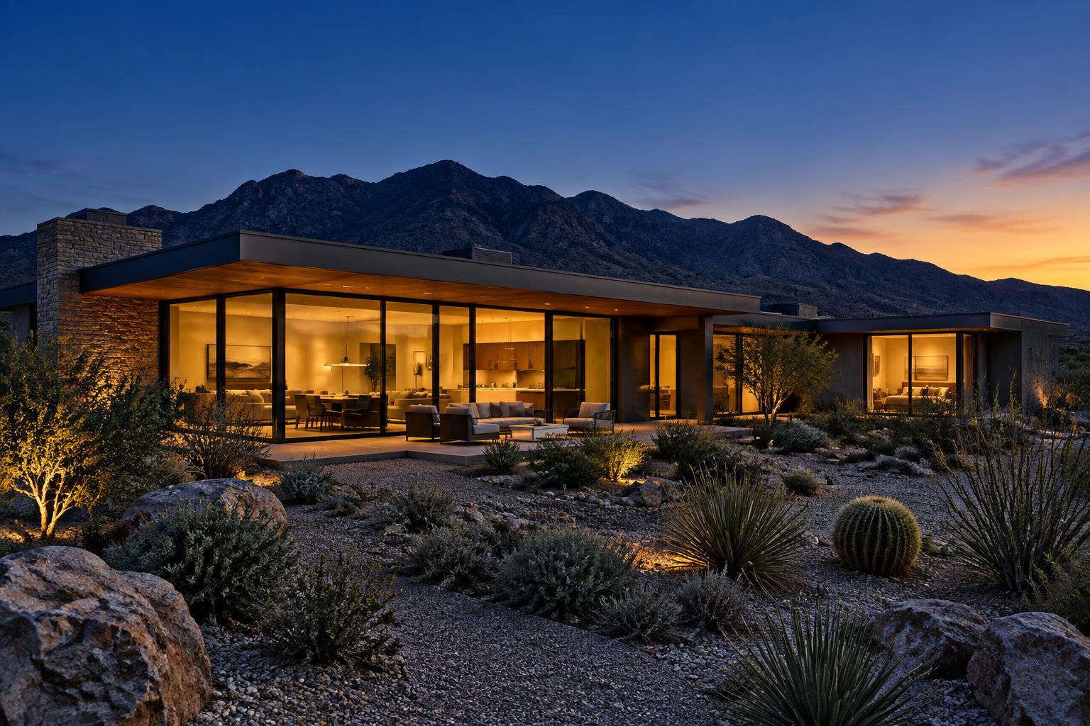 A modern desert home lit from within at dusk, with mountains behind it