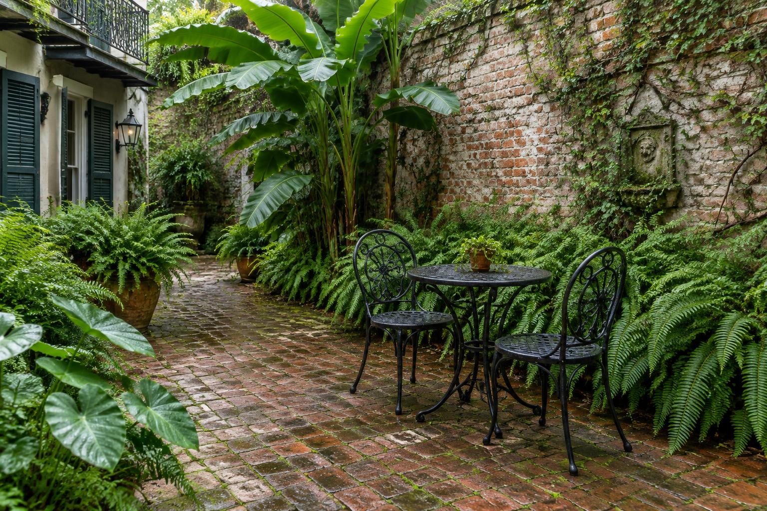 A private New Orleans courtyard with brick paving, ferns against a vine-covered wall and a small iron table