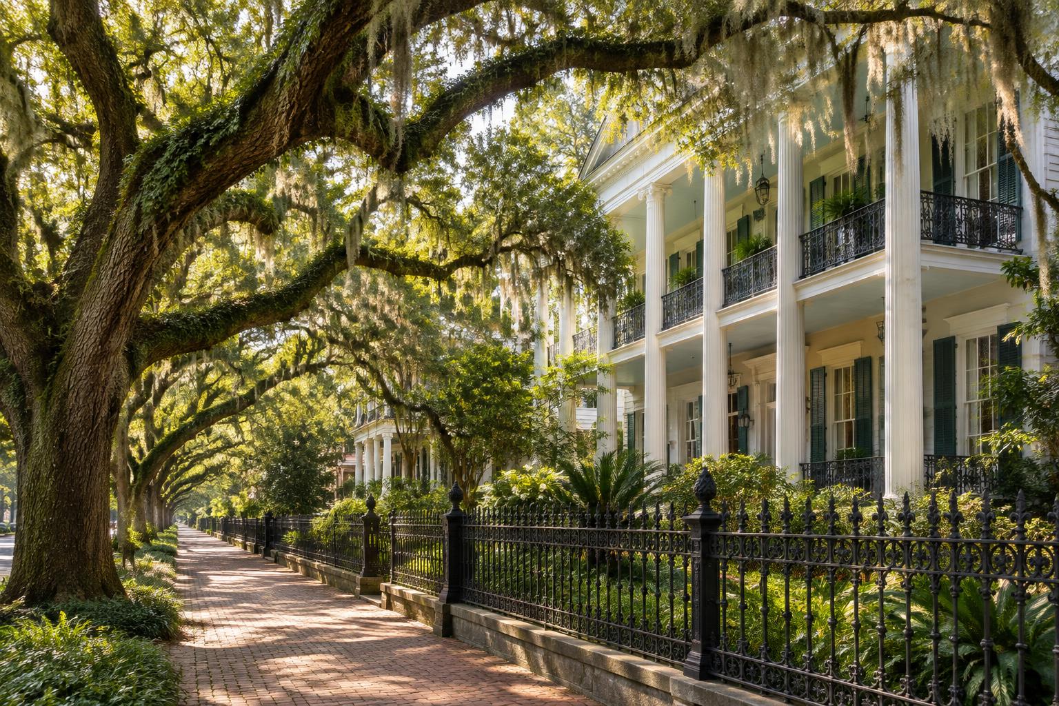 A brick-paved Garden District sidewalk beneath live oaks draped in Spanish moss, a columned historic home behind an iron fence