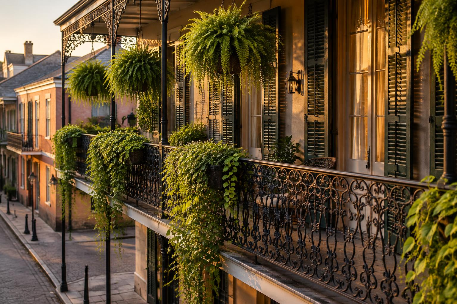 An ornate wrought-iron balcony on a New Orleans street, hung with ferns and trailing plants above tall shuttered doors