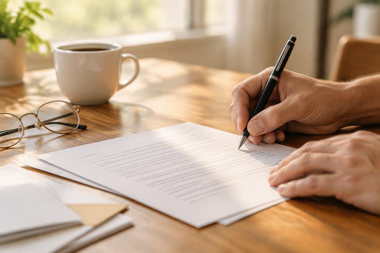 Hands signing a document at a wooden table in warm daylight
