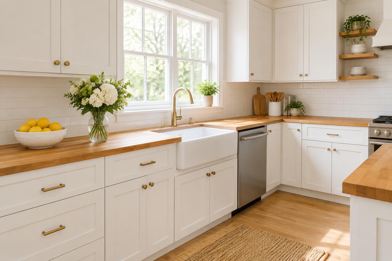 A bright staged kitchen with white cabinets, warm wood counters and fresh flowers